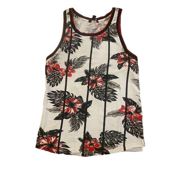 MENS DISTORTION HAWAIIAN FLORAL TEAL BLUE RED TANK TOP T-SHIRT SIZE M - Picture 1 of 8